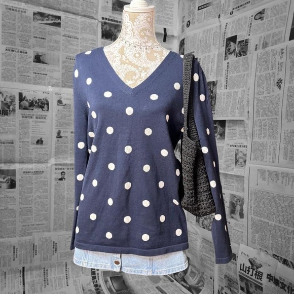 Tommy Hilfiger Navy Blue White Polka Dot V Neck 100% Cotton Sweater Size Large - Picture 1 of 6